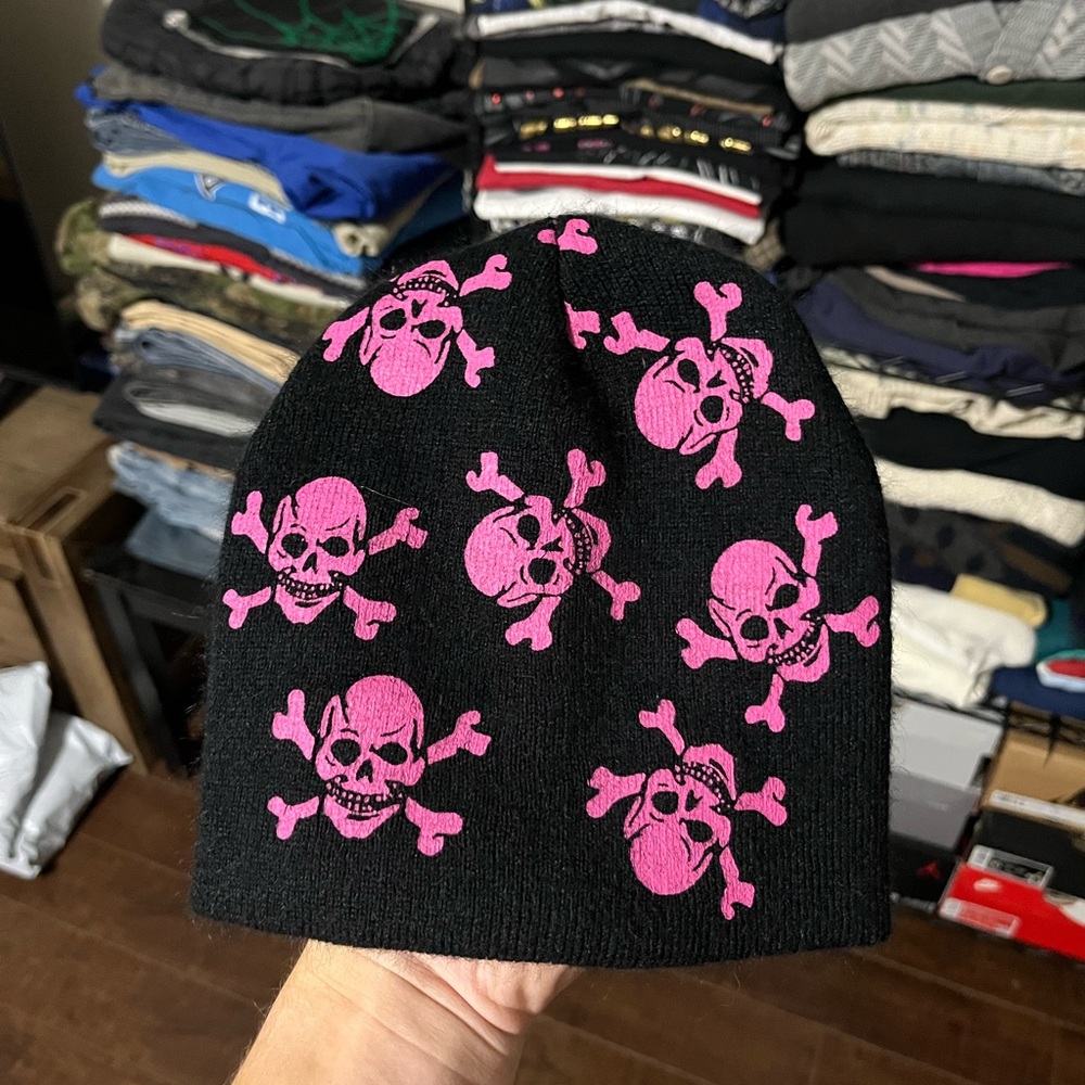 Black Beanie with Pink Skull Design